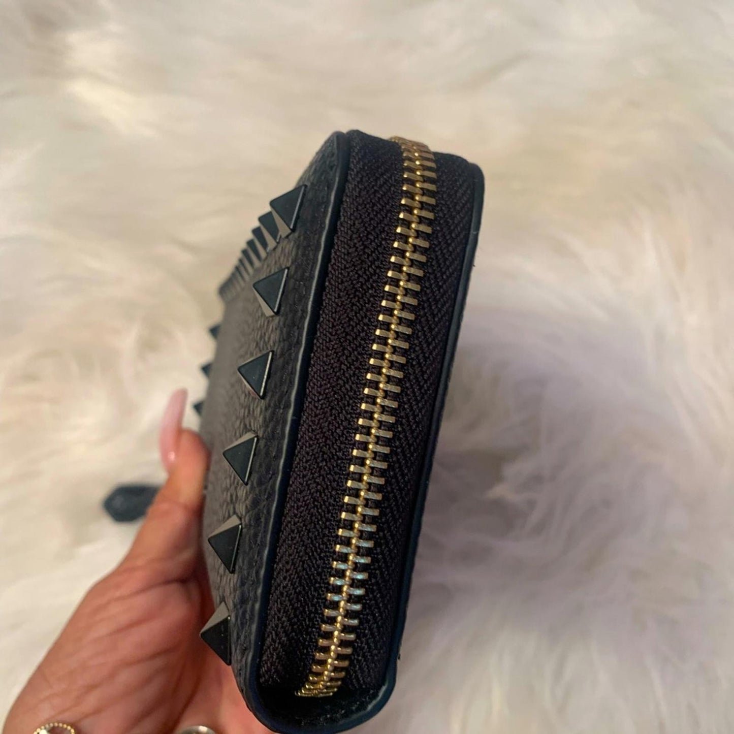 Authentic Valentino Black Pebbled Leather Studded Zip-Around Wallet