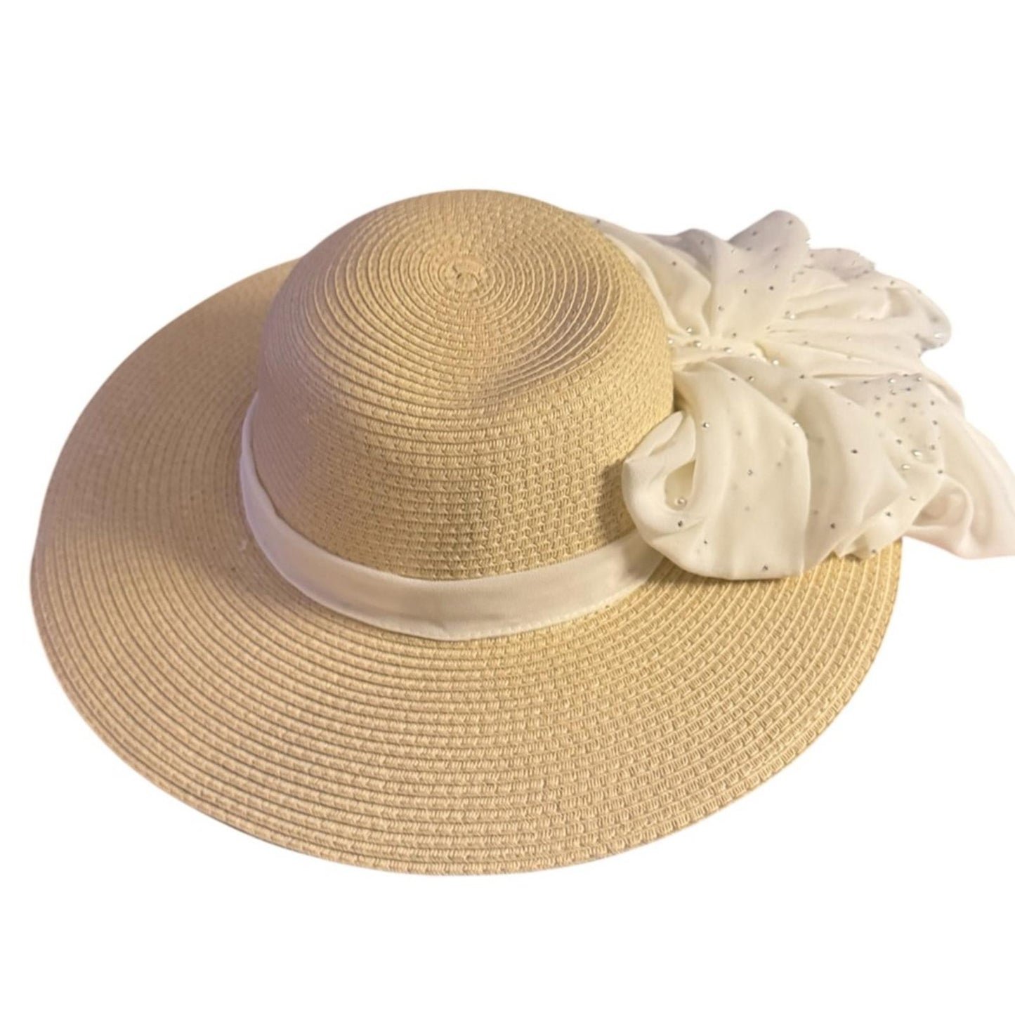 Women’s Natural Wide Brim SPF 50+ Sun Hat – White Scarf with Rhinestone & Pearl Details