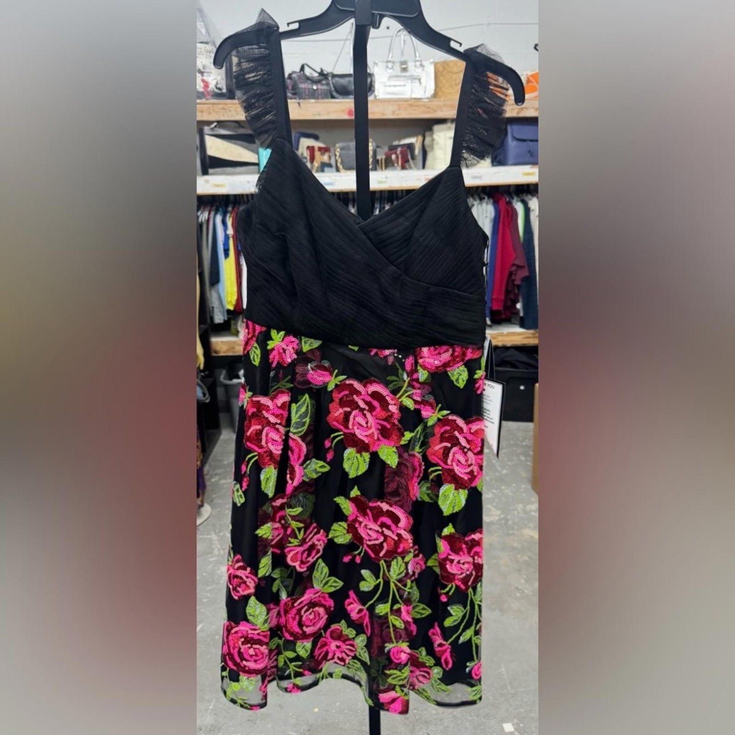 Adrianna Papell Black Gown with Pink Floral sequence Accents