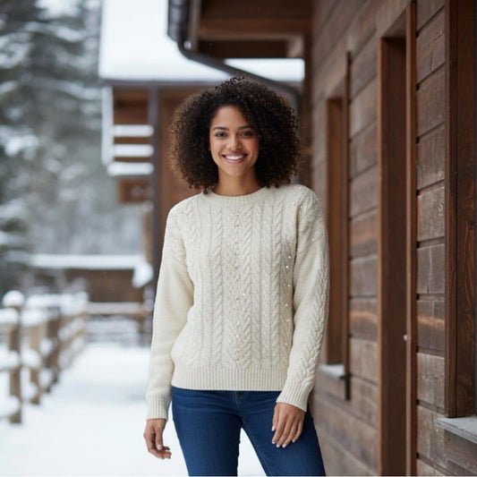 ON 34th Elegant Cream Cable pearl Knit Sweater