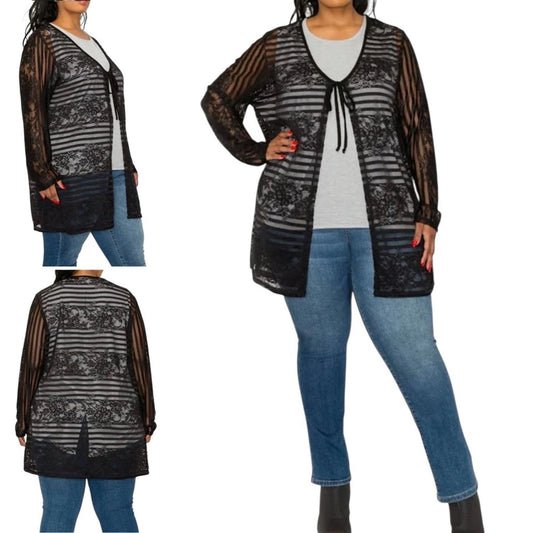 Coin 1804 Women’s Plus Tie Front Black Lace Kimono
