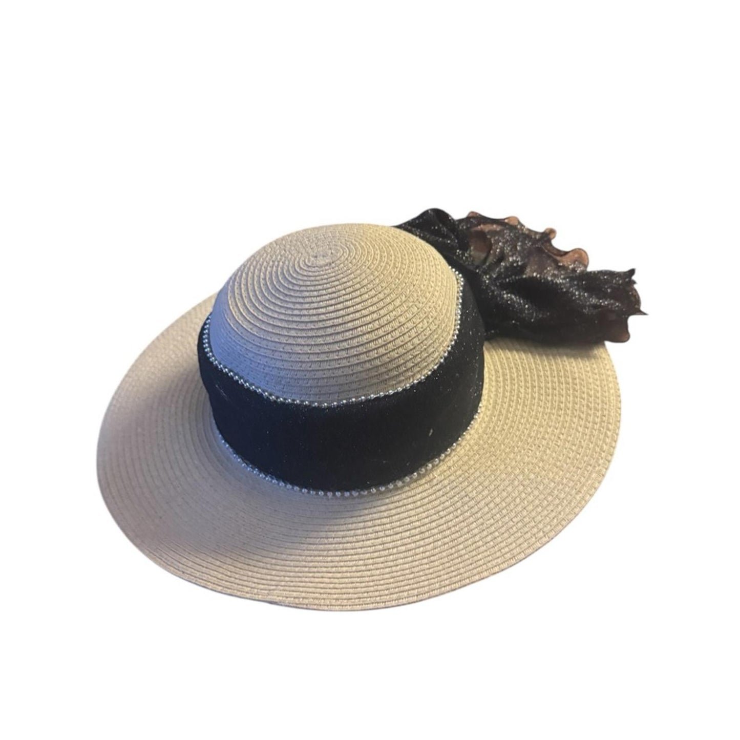 Style & Co. Women’s Natural Wide Brim SPF 50+ Sun Hat – Black Ribbon & Floral Accent