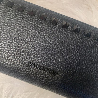 Authentic Valentino Black Pebbled Leather Studded Zip-Around Wallet