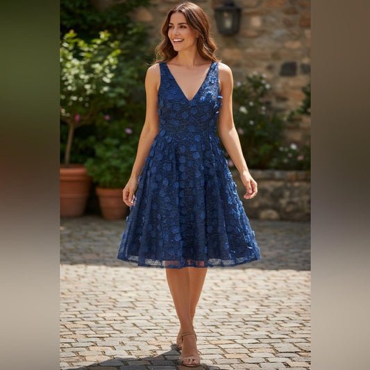 Eliza J Navy Floral Lace Midi Dress