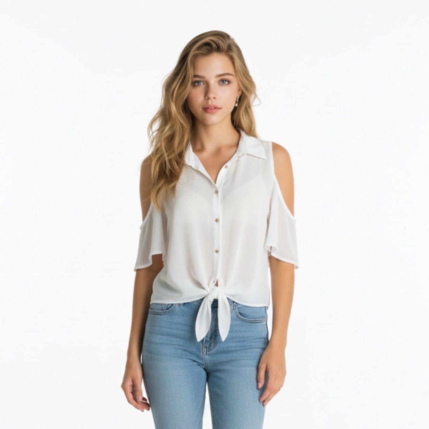 Pre-Love Elegant White Cold Shoulder Blouse