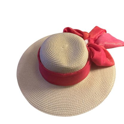 Style & Co. Women’s Natural Wide Brim SPF 50+ Sun Hat – Coral Scarf Bow & Floral Accent