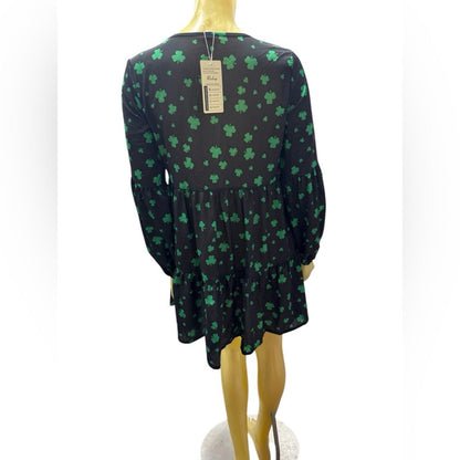 Roshop Black Dress with Green Clover Print