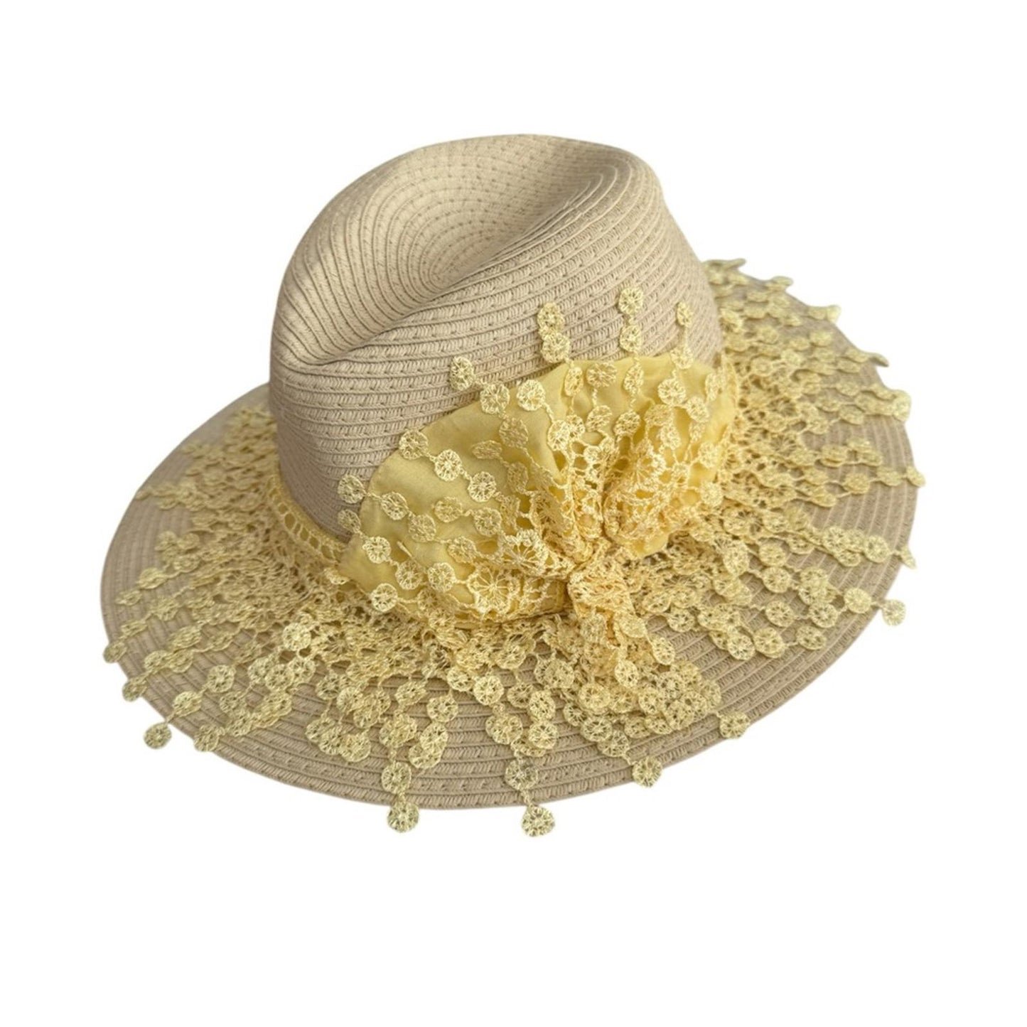 Style & Co. Women’s Natural Wide Brim SPF 50+ Sun Hat – Yellow Lace Floral Trim