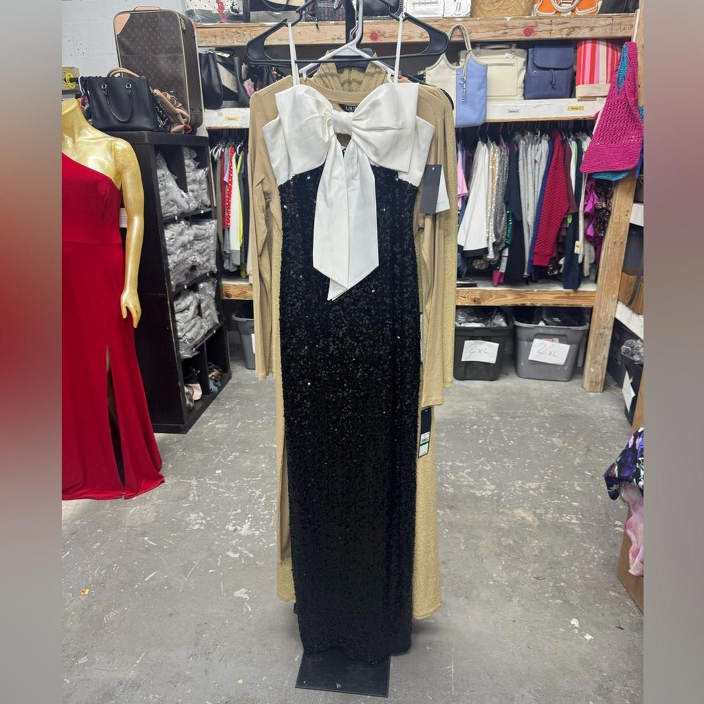 City Studio Elegant Black sequence, and White Bow Dress