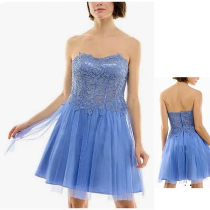 BCX Blue Lace Strapless Dress