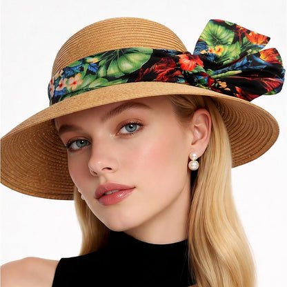 Style & Co. Women’s Natural Wide Brim SPF 50+ Sun Hat – Tropical Floral Bow