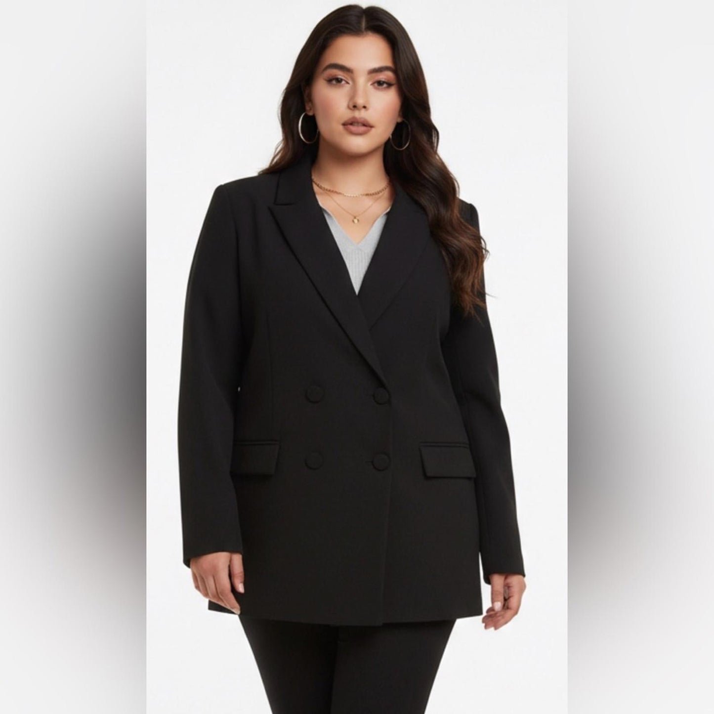 DKNY Women’s Plus Size Black Double-Breasted Longline Blazer