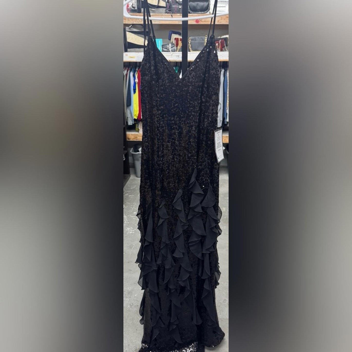 Betsy & Adam Sophisticated Black Sequin Prom Dress