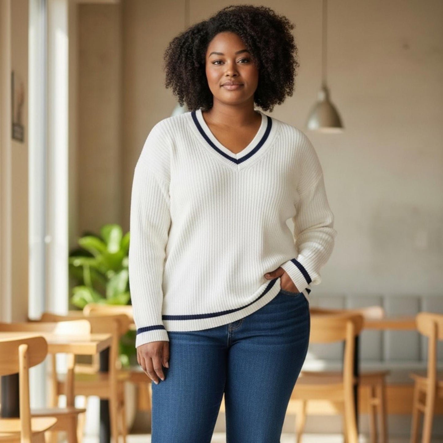 On 34th Women’s Plus Size Ivory V-Neck Ribbed Sweater