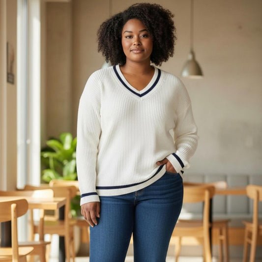 On 34th Women’s Plus Size Ivory V-Neck Ribbed Sweater
