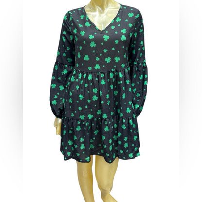 Roshop Black Dress with Green Clover Print