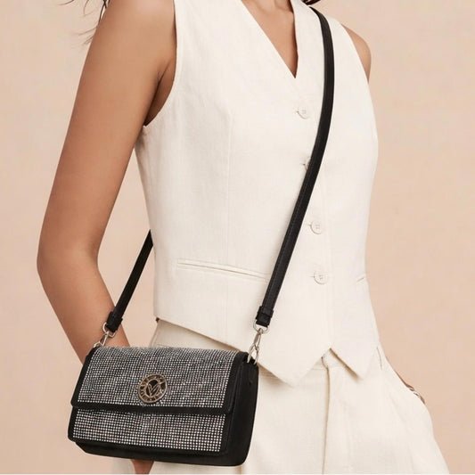 Valentino Orlandi Women’s Black Rhinestone Embellished Flap Crossbody Bag