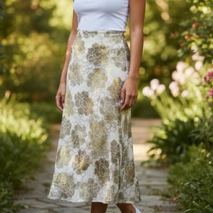 Venice Camuto Floral Gold and Cream Skirt