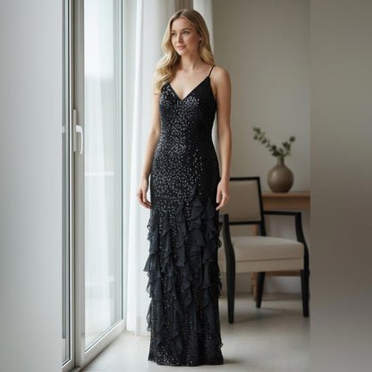 Betsy & Adam Sophisticated Black Sequin Prom Dress