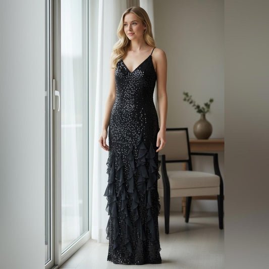 Betsy & Adam Sophisticated Black Sequin Prom Dress