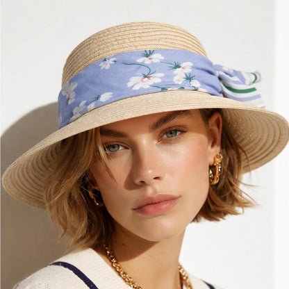Style & Co. Women’s Natural Straw SPF 50+ Sun Hat with Blue Floral Scarf