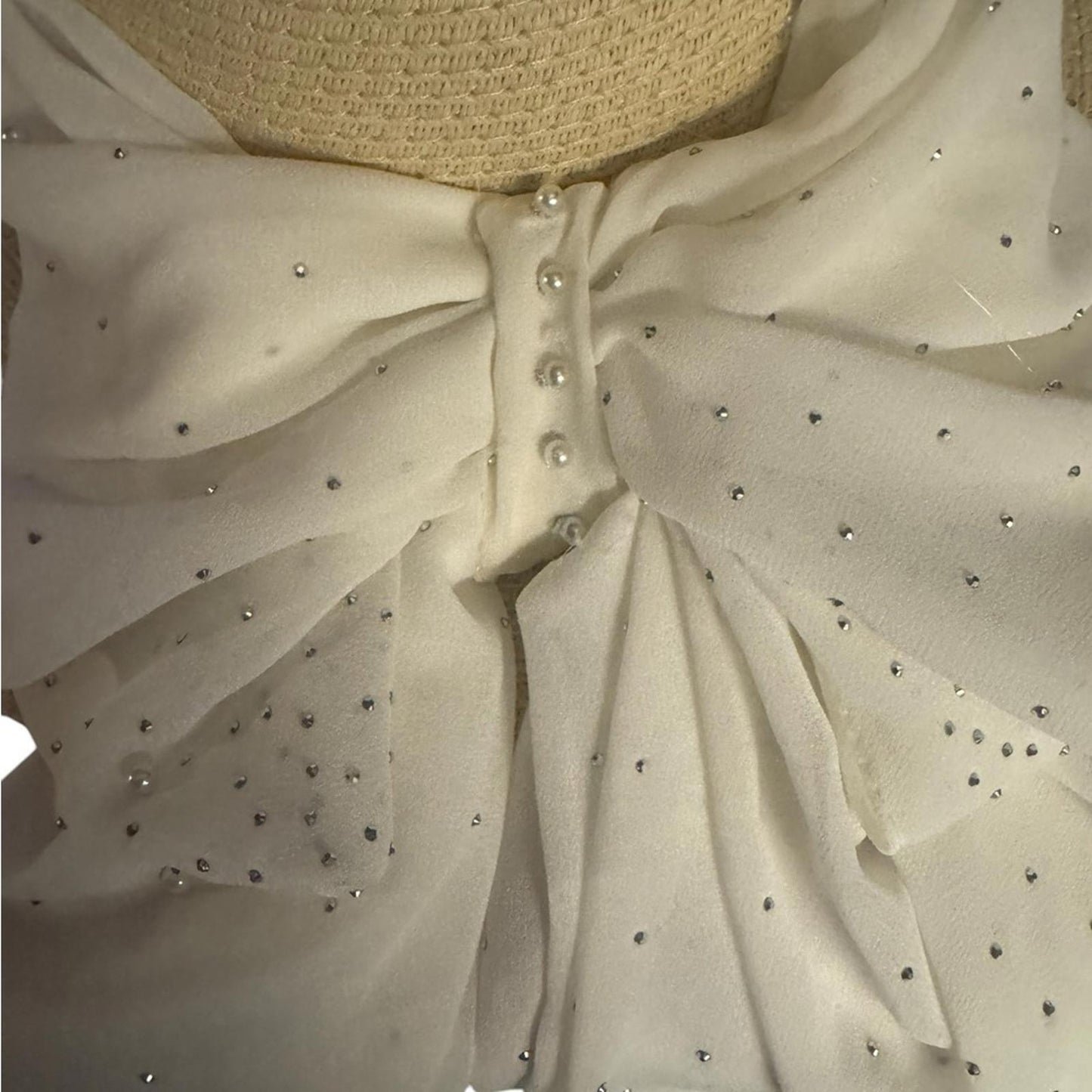 Women’s Natural Wide Brim SPF 50+ Sun Hat – White Scarf with Rhinestone & Pearl Details