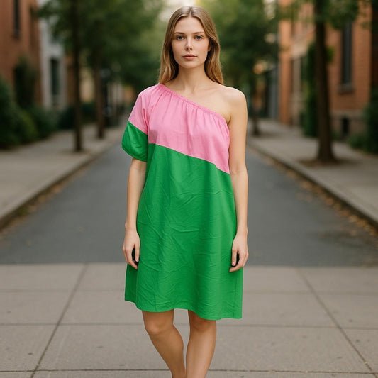 Vibrant Pink and Orange Off-Shoulder Dress