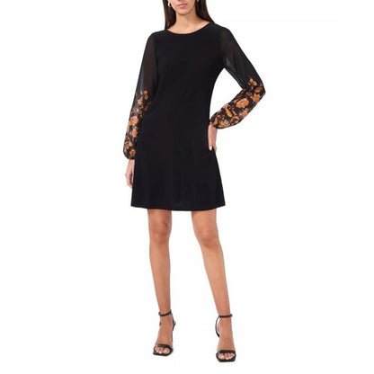 MSK Petite Round-Neck Contrast-Long-Sleeve Shift