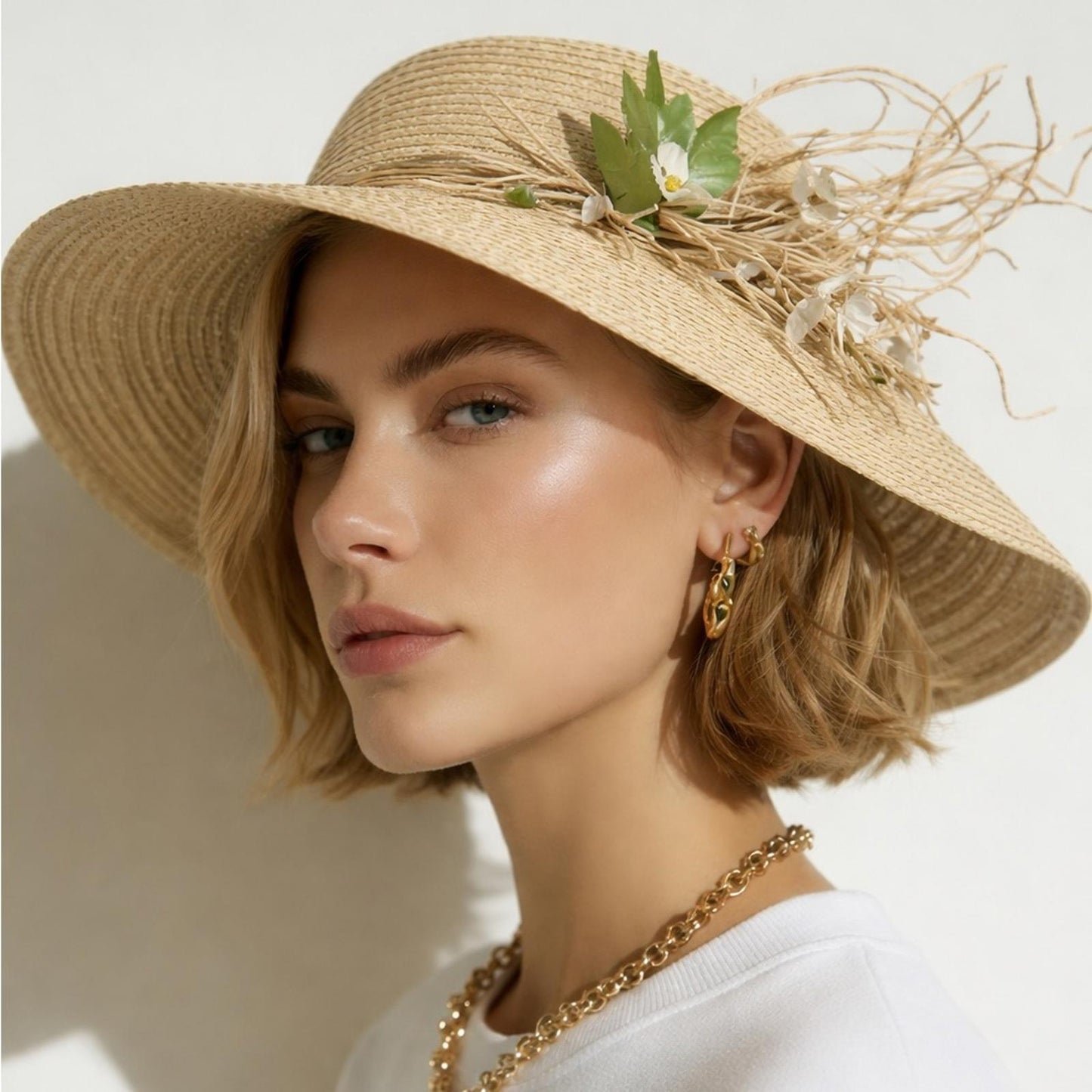 Women’s Natural Wide Brim Floral Sun Hat – Elegant Garden Style