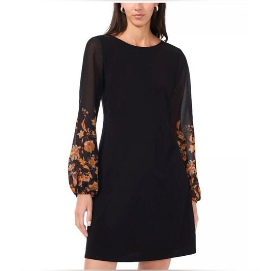 MSK Petite Round-Neck Contrast-Long-Sleeve Shift
