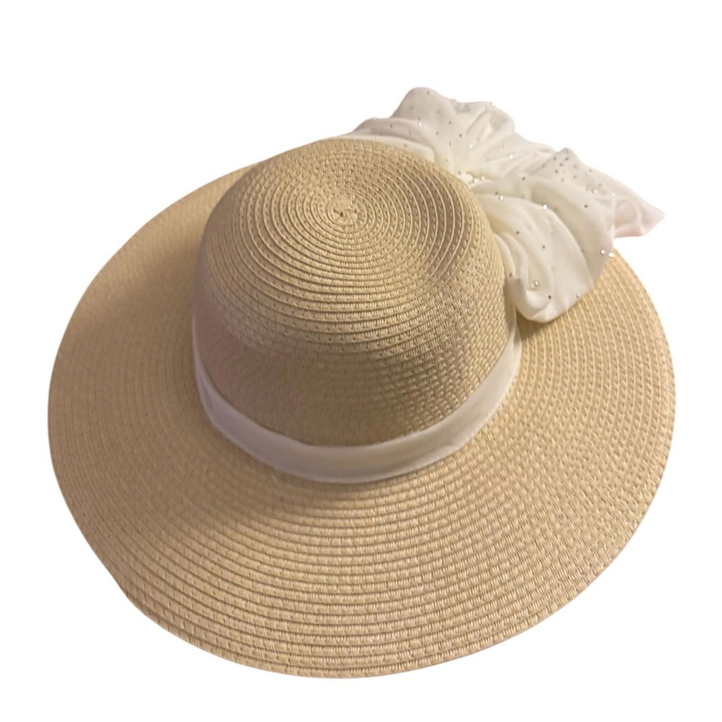 Women’s Natural Wide Brim SPF 50+ Sun Hat – White Scarf with Rhinestone & Pearl Details