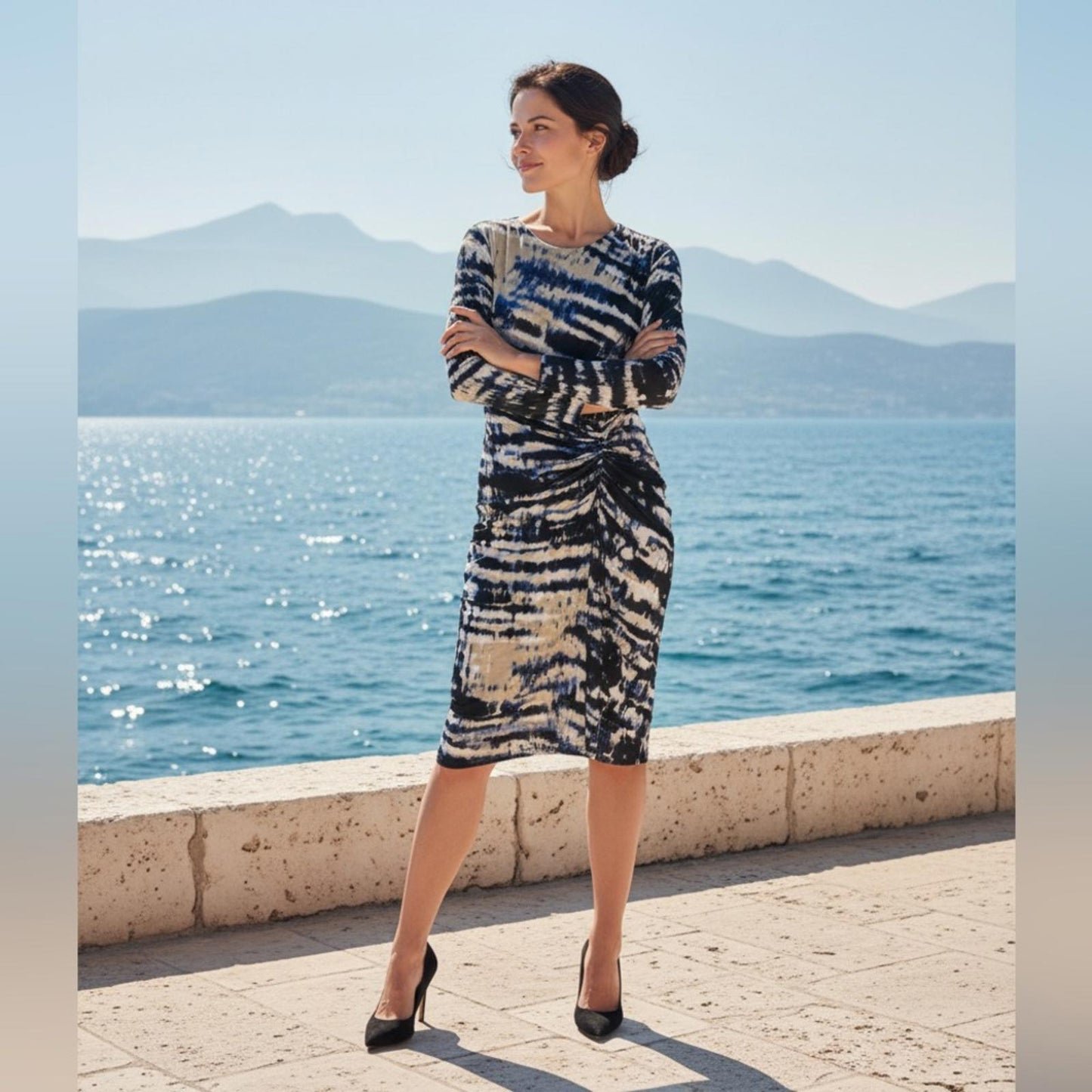 DKNY Blue and Cream Long Sleeve Dress