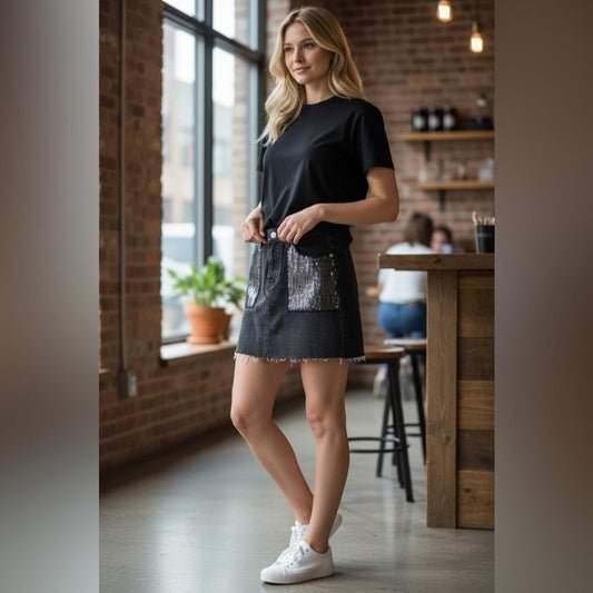 Lucky Brand Sequin Pocket Black Denim Skirt