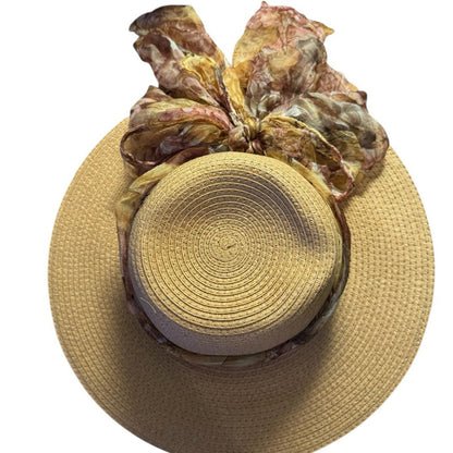 Women’s Natural Wide Brim Sun Hat – Brown Floral Scarf Bow