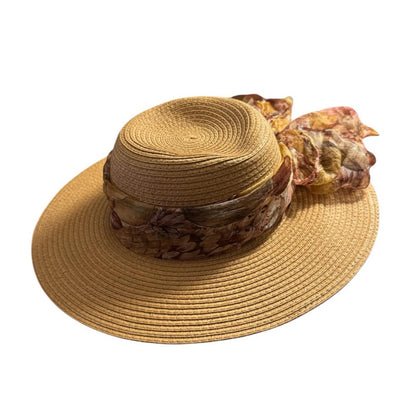 Women’s Natural Wide Brim Sun Hat – Brown Floral Scarf Bow