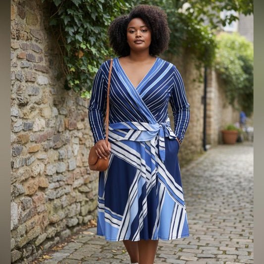 London Times Navy and White Long Sleeve Dress