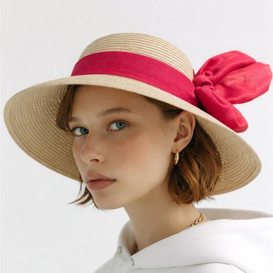Style & Co. Women’s Natural Wide Brim SPF 50+ Sun Hat – Hot Pink Bow