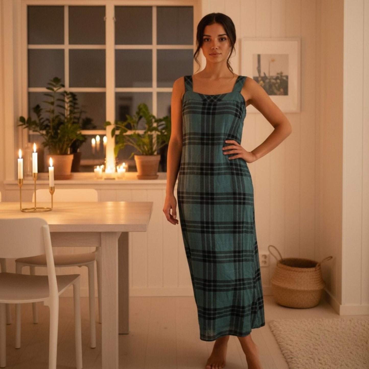 Vince Camuto Teal and Black Plaid Midi Dress