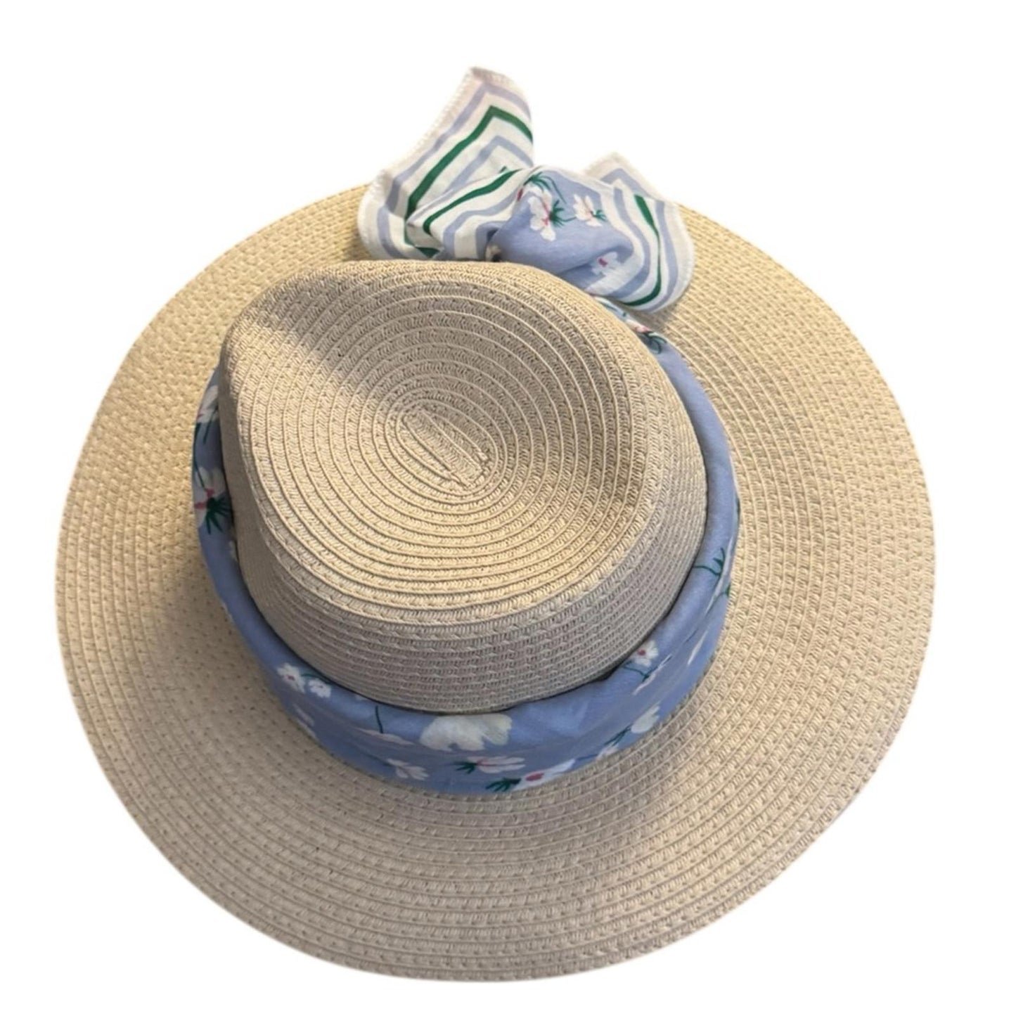 Style & Co. Women’s Natural Straw SPF 50+ Sun Hat with Blue Floral Scarf