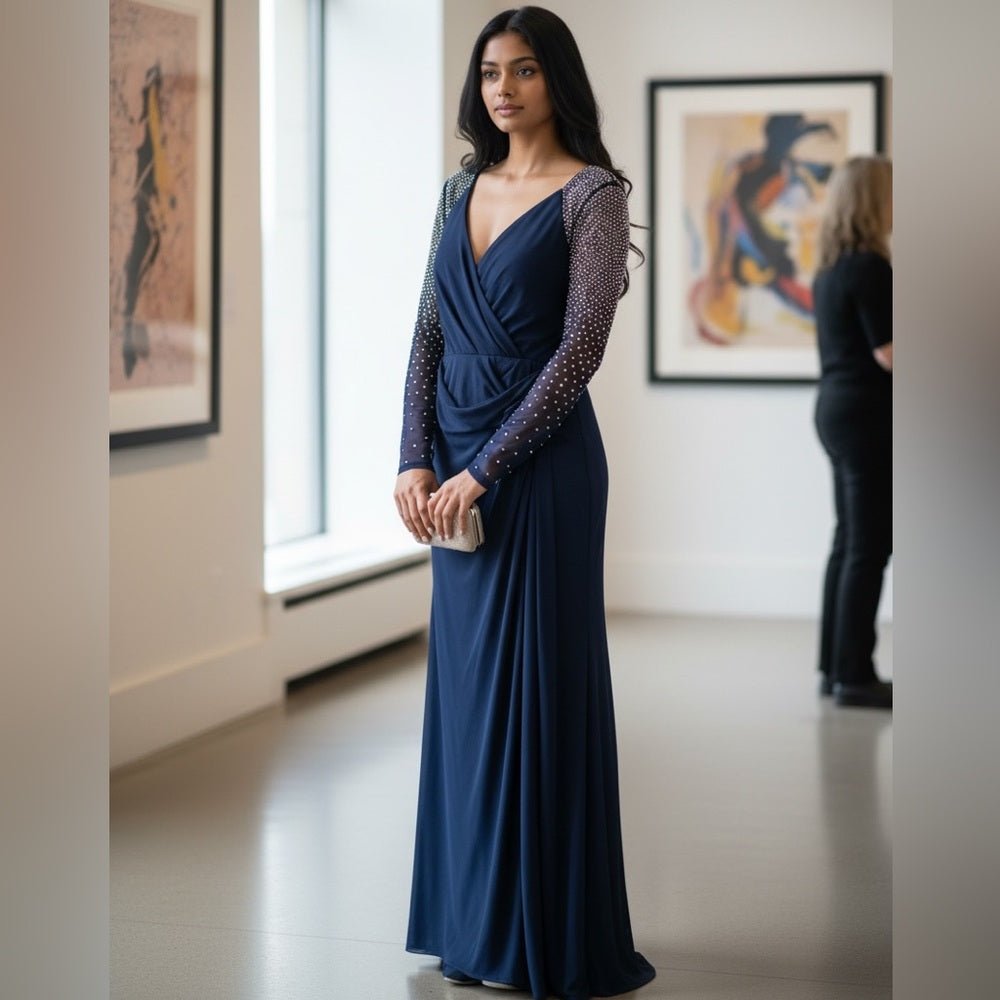 Betsy & Adam Navy Blue Embellished Sheer Sleeve Wrap Maxi Dress